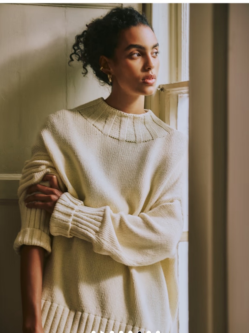 BR L Mother of Pearl Oversized Mock Neck Cotton Chunky Knit Sweater